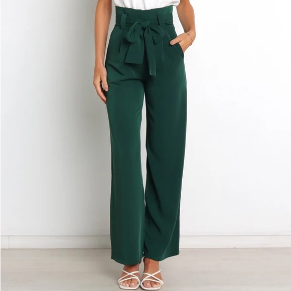 Petal & Pup Kieran Pants Emerald Green Wide-Leg Belted High Waist Pants 2 - Picture 3 of 10